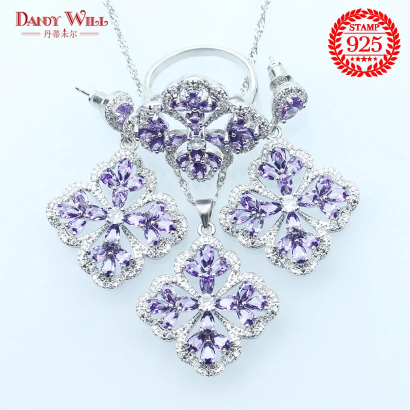 2018 New Flower Purple Zircon Silver 925 Costume Bridal Jewelry Sets Pendant Necklace Rings Earrings Set Jewellery Gift Box | Украшения и