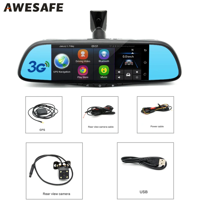 Awesafe специальные 3 г автомобиля Зеркало заднего вида DVR Камера 7 &quotAndroid GPS