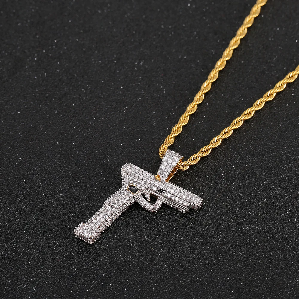 Хип хоп микро проложили AAA кубического циркония Bling Ice Out автоматические пистолетные кулоны с оружием ожерелья для мужчин рэппер ювелирные изделия золотого цвета