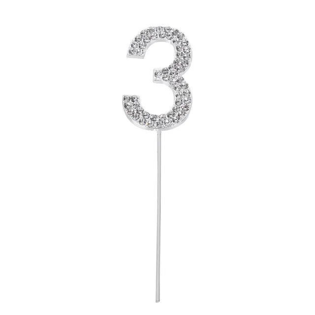 Silver 3 1 шт. номер "0-9" с бриллиантом, для украшения торта на десерт, юбилей, 1-й день рождения, украшения, Детские свадебные принадлежности для девочек, подарки - Цвет: Silver 3