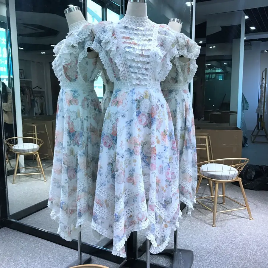 New 2020 Summer Women Elegant Floral Printed Ruffles Lace Chiffon Patchwork Pleated Long Dress High Quality Runway E800 | Женская одежда
