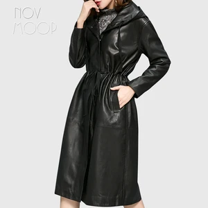 Женский черный плащ из натуральной кожи ягненка, длинный плащ с капюшоном и поясом, верхняя одежда, ветровка, casaco feminino LT2588, бесплатная доставка