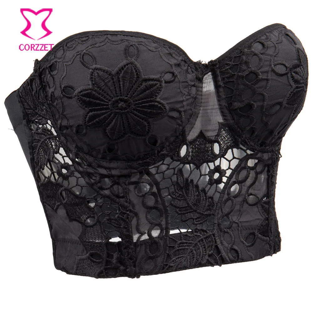 Черный бюстгальтер с цветочной вышивкой пуш-ап без бретелек укороченный топ