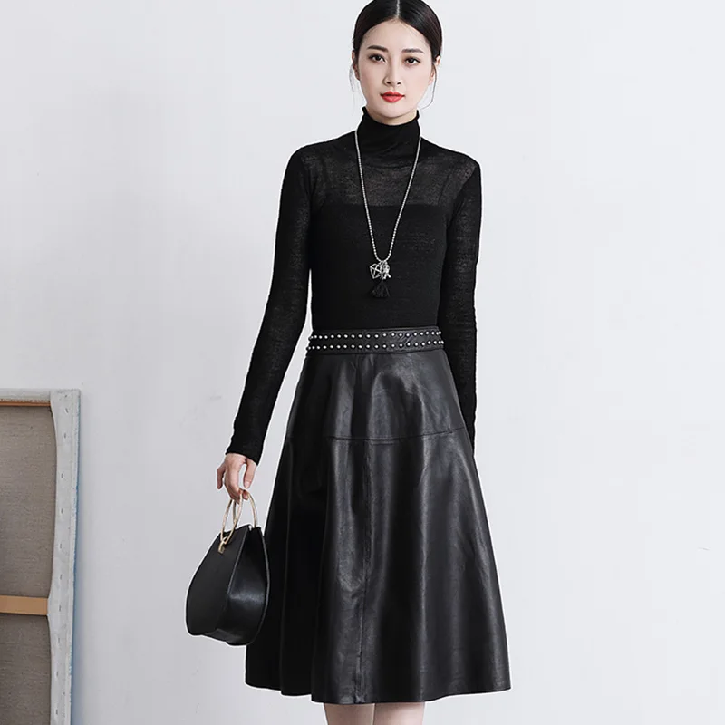 Осенняя и зимняя женская длинная юбка из натуральной овечьей кожи тонкая черная