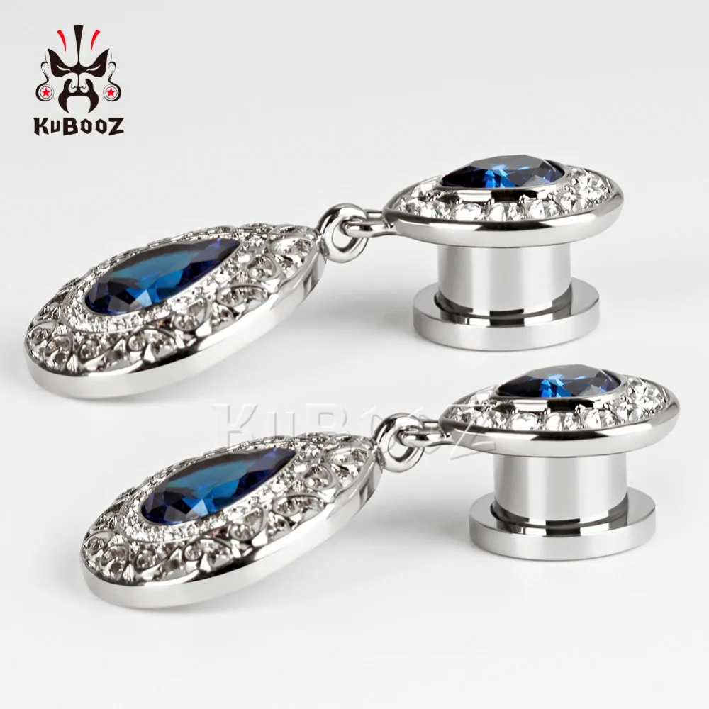 KUBOOZ ювелирные изделия для пирсинга из нержавеющей стали с голубым драгоценным камнем висячие серьги пробки и туннели ювелирные изделия для тела смешанный размер Лот