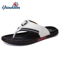 yeinshaars genuine leather men slippers beach shoes men flip flops summer flat heels male slides luxury hand sewing men shoes
