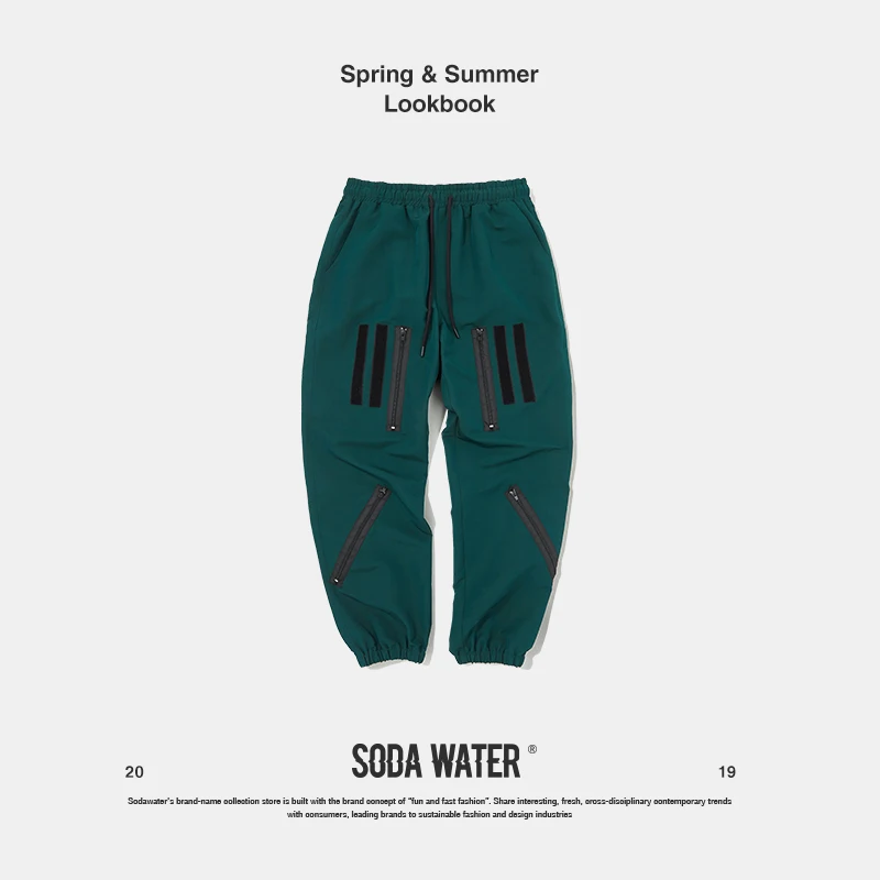

SODA WATER Zipper Design Sweatpants Elastic Waist Jogger Pants Track Pants Long Trousers Mens Womens Fashion Pants 9348S