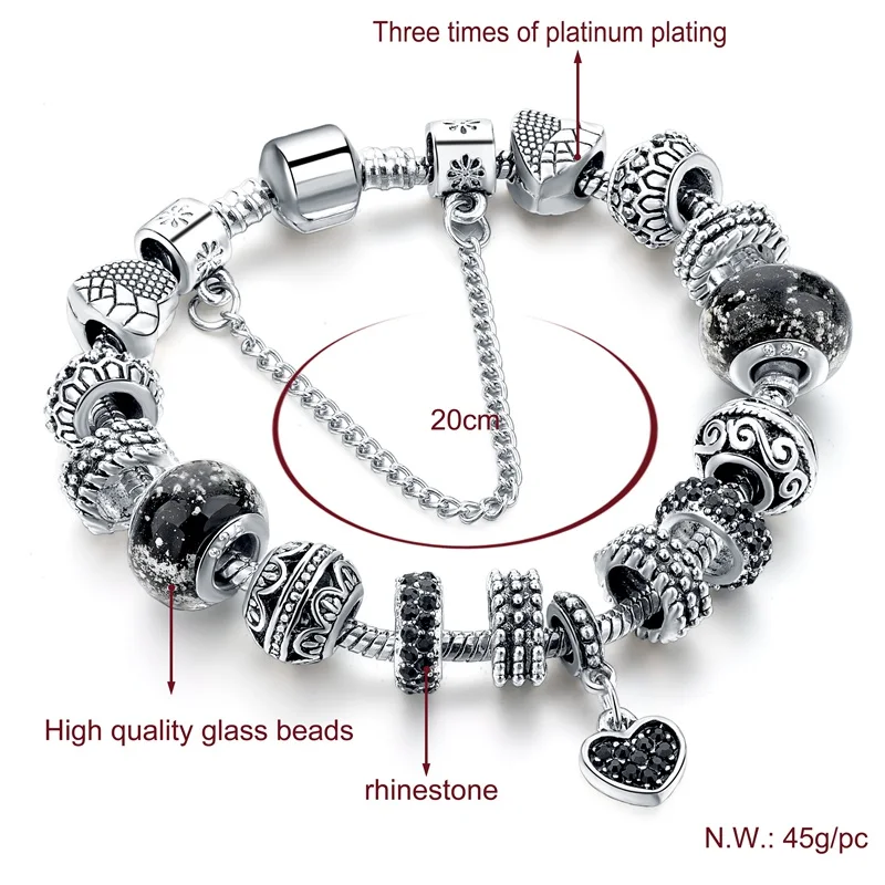Привлекательные черные браслеты с подвесками в форме сердца для женщин браслет