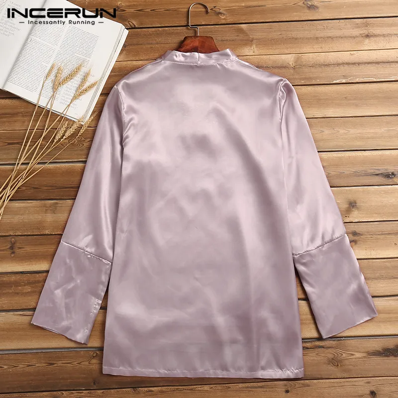 INCERUN Plus Size Silk Satin Men Payamas Sleep Tops Long Sleeve V-neck Tee Shirt Solid Color Fashion Homewear Soft Men Sleepwear