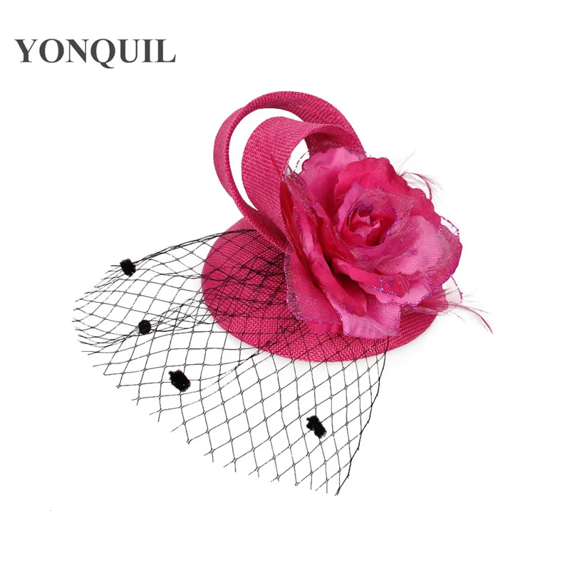 

Silk Flower Fascinators Black Birdcage Veil Imitation Sinamay Hats Clips Bridal Hair Accessories Hot Pink Occasion Hat 15Color