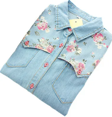 Женская джинсовая рубашка сорочка Jean's Femme цветочные джинсы Блузка с длинным