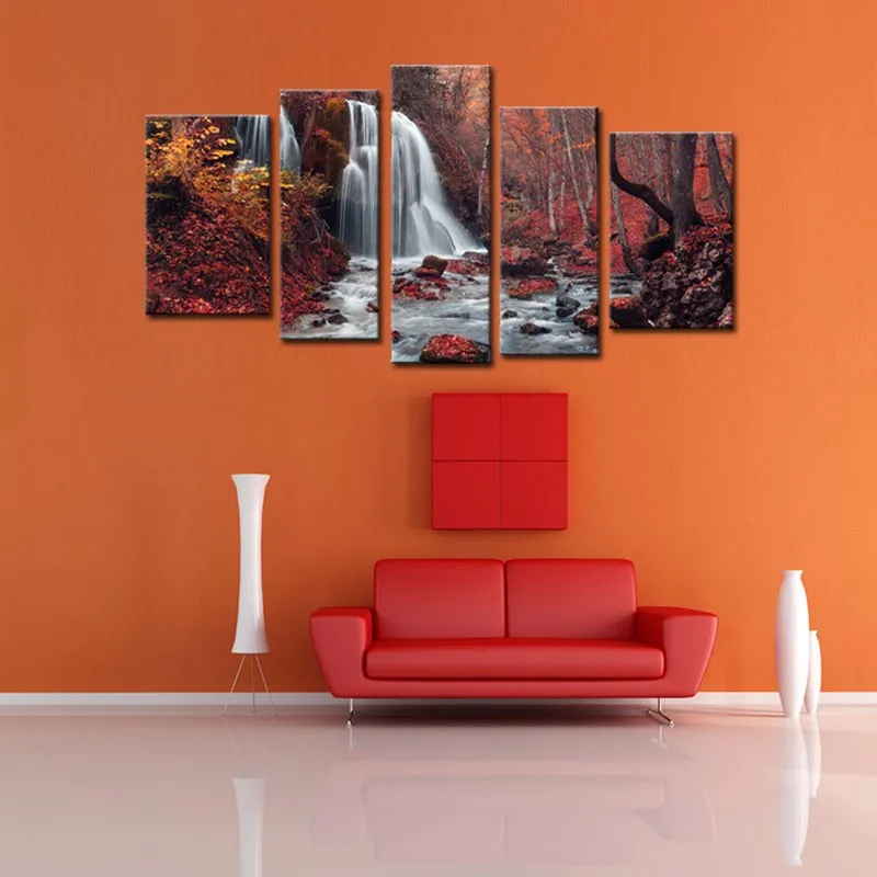 5 шт. Красивый водопад в осенний красный кленовый лес пейзаж настенная картина