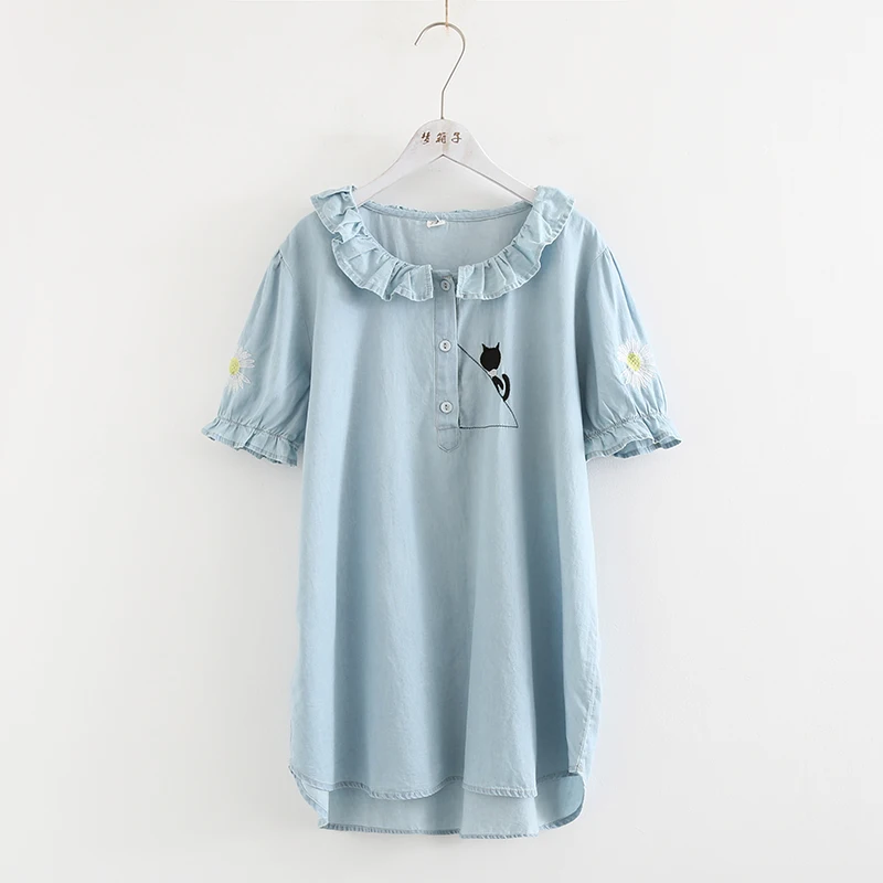 Мультфильм вышивка синий Раффлед закругленный отложной воротник джинсовая