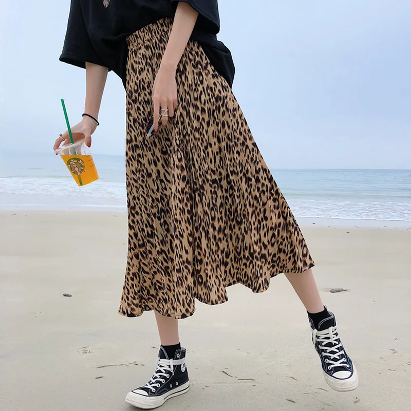 Leopard Плиссированные юбки с принтом для женщин 2019 Весна и лето миди Длинные