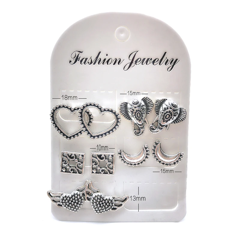 10 Pcs/Set Retro Hollow Heart Wings Elephant Moon Square Silver Color Stud Earrings Women Wedding Party Jewelry Earring Set | Украшения и
