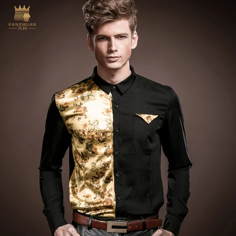 FANZHUAN Men's Shirt Long Sleeve Slim Stretch Autumn Palace Wind Stitching Print Dress Clothing | Мужская одежда