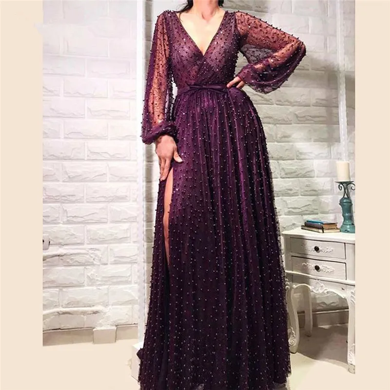 

Purple Muslim Evening Dresses Grace A-line V-neck Long Sleeves Pearls Long Islamic Dubai Saudi Arabic Long Formal Evening Gown