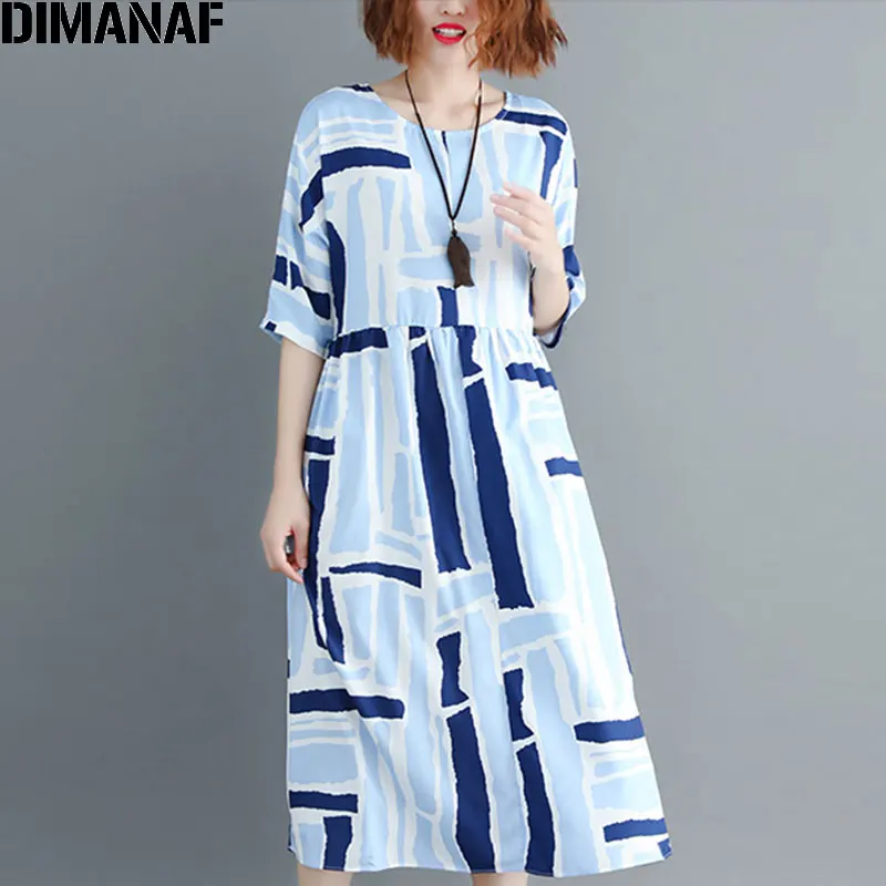 609 DIMANAF, женское платье, летнее, Пляжное, элегантное, в полоску, размера плюс, большой,, повседневное, женское, Ретро стиль, Круглый ворот, больше размера, d, свободное, синее, платья - Цвет: 609