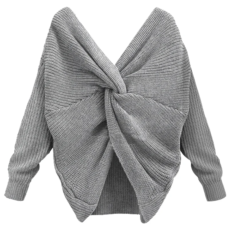 Women Sexy Open Back Sweater Big Tie V-Neck Full Sleeve Sweaters Solid Color Knitted Pullovers Elegant Knitwear sweater women | Женская