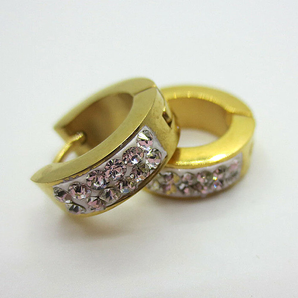 Маленькие серьги кольца серебряные золотые стразы круглые из нержавеющей стали