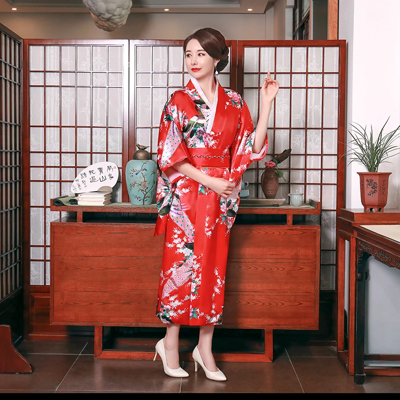 Женский атласный банный халат красный цветочный кимоно с японским принтом