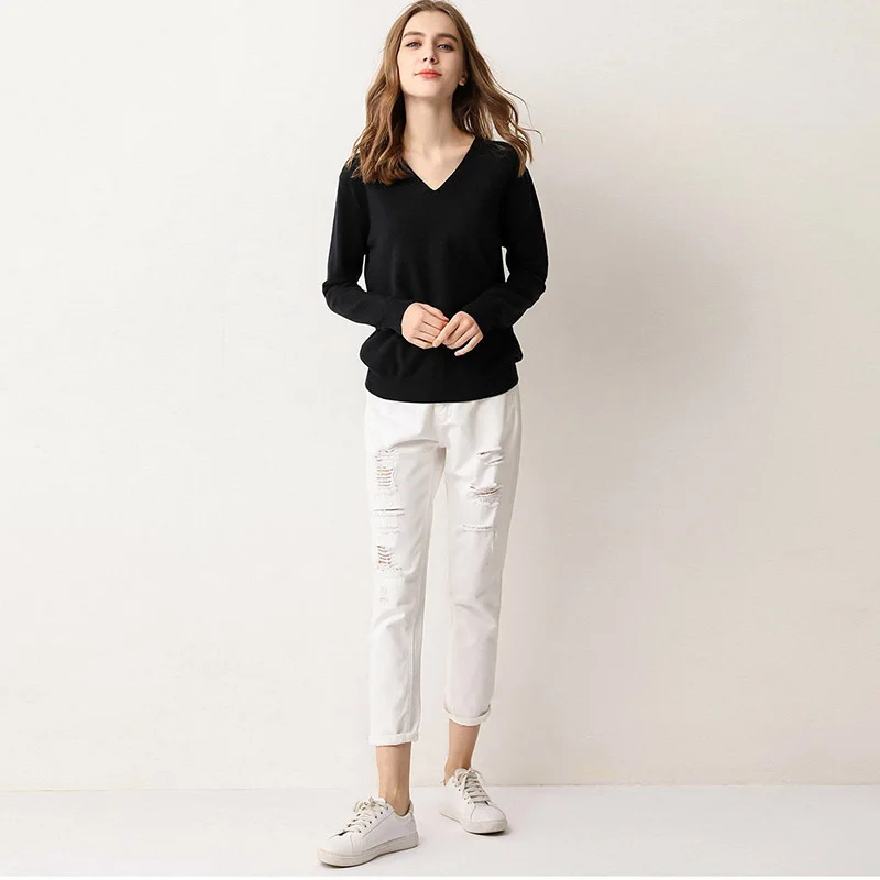 2019 Spring Autumn New Loose Thin V-Neck Sweaters Casual Plus Size Knit Pullovers Women Sweater Solid Color RE2565 | Женская одежда