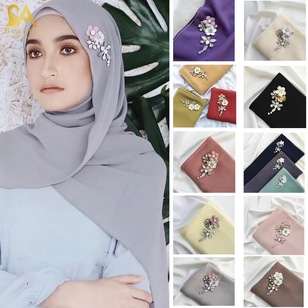 

Для женщин однотонные Макси хиджаб платок шифон Стразы Бисер мусульманские платки с цветами 180*75 см