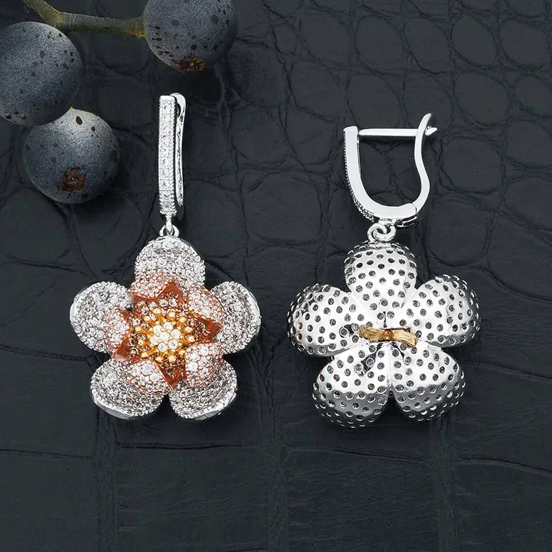 Высокое качество кубический циркон три тона золотой цветок висячие серьги