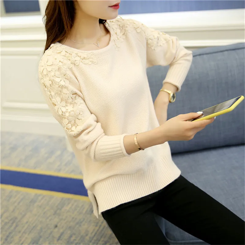 pull femme новые модные женские осенне-зимние кружевные лоскутные свободные вязаные свитера и пуловеры с длинным рукавом