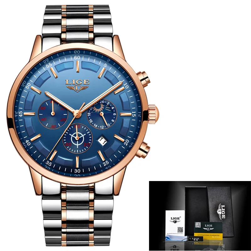 Rose gold blue Relojes часы мужские LIGE модные спортивные кварцевые часы мужские s часы Топ бренд класса люкс Бизнес водонепроницаемые часы Relogio Masculino - Цвет: Rose gold blue