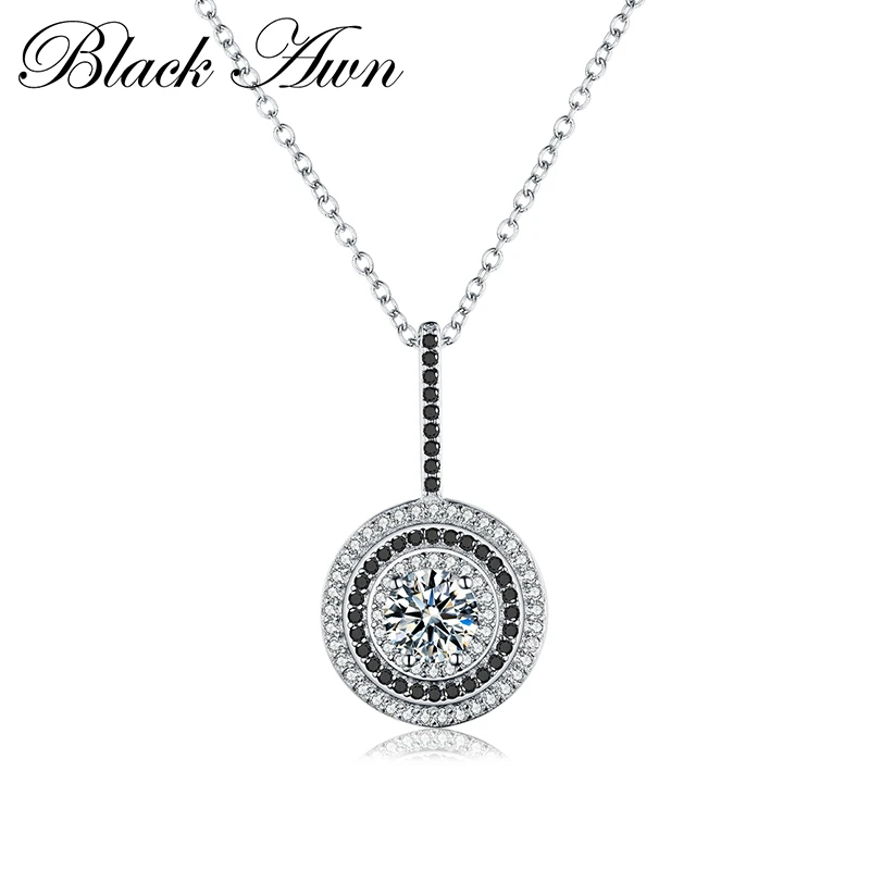 

[BLACK AWN] Silver Color Women's Necklace Fashion Jewelry Round Bijoux Black Spinel Pendants Necklace P074
