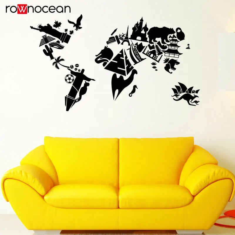 

World Map Vinyl Wall Decal Sights World Map Country Travels Vinyl Stickers Nautical Wall Decoration For Sofa Background 3147
