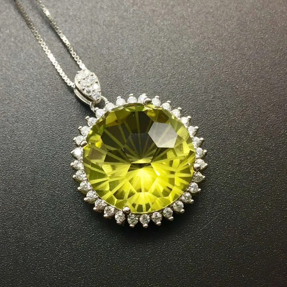 

natural Lemon crystal pendant S925 Sterling silver Natural crystal Pendant Necklace trendy elegant round women party jewelry