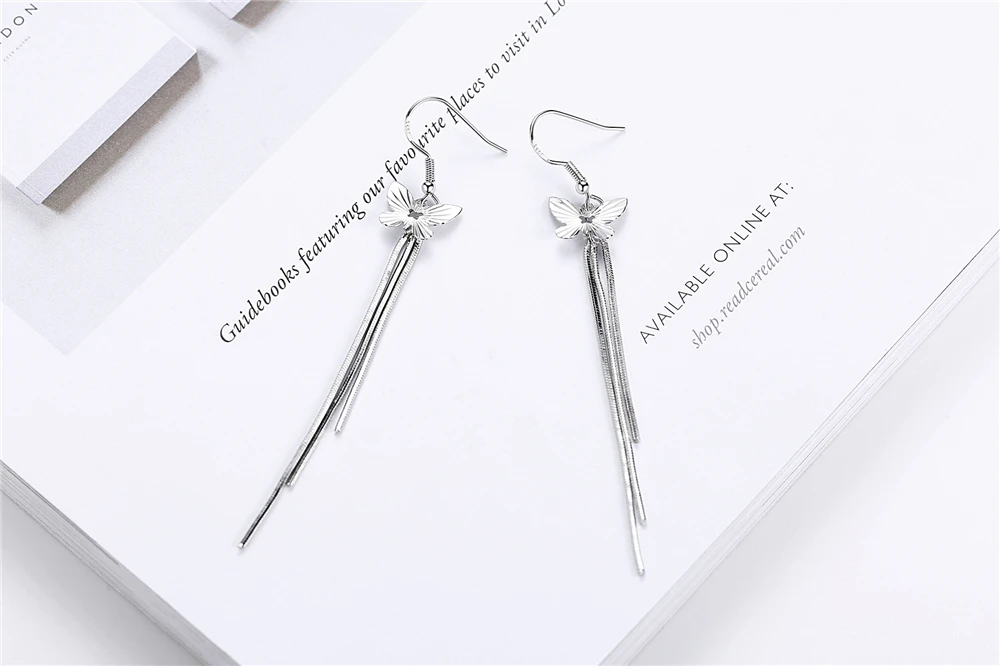 Женский провода уха мода длинный участок серебряный Падение Earrin Бабочка кисточкой преувеличены ювелирные изделия бренда девушки