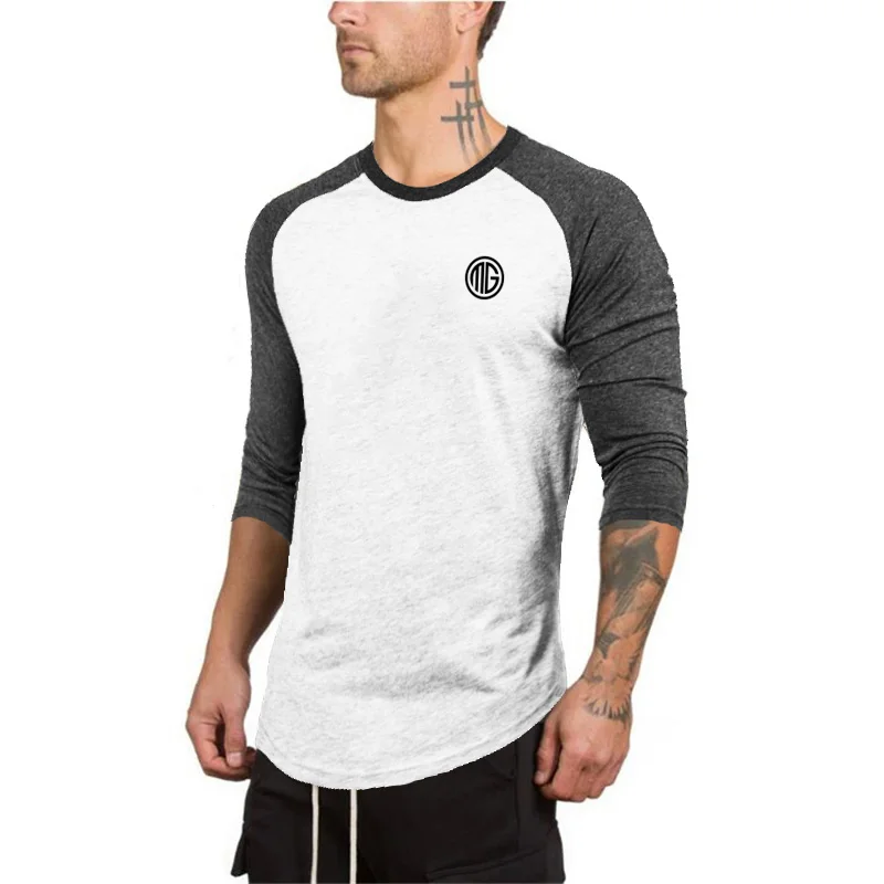 

Muscleguys Men Three Quarter Sleeve T-Shirt O-Neck Cotton Raglan T Shirt Men New Fashion Solid Slim Fit Curved hem Tshirts Male