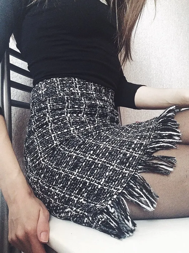 Женская шерстяная мини-юбка в клетку винтажная клетчатая юбка с кисточками и