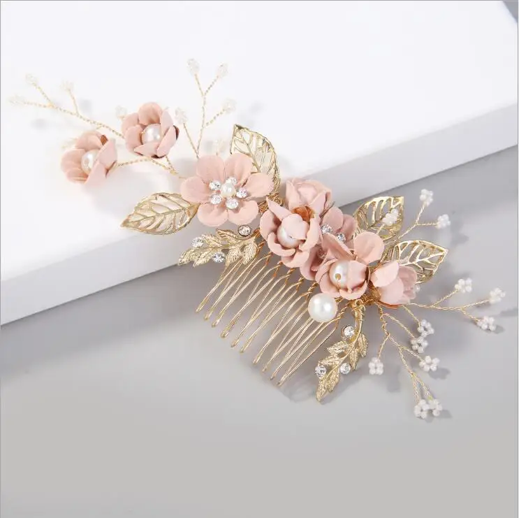 Pink big combs 18 Модные Розовые синий Цветочные Шпильки свадебные туфли со стразами и с расчески для волос Выходные туфли на выпускной бал свадебные аксессуары для волос, золотистый листья украшения для волос - Окраска металла: Pink big combs 18