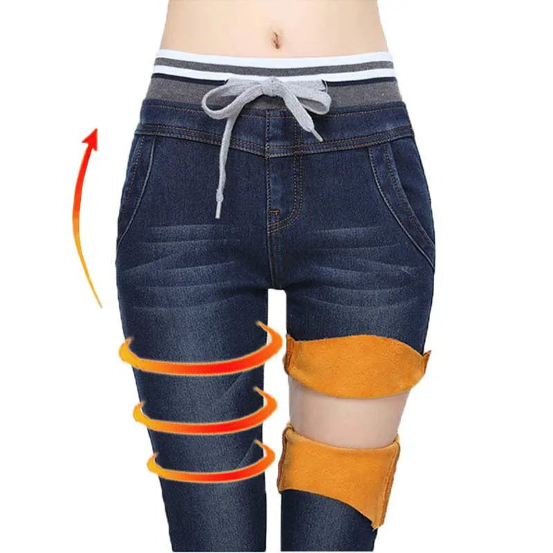 Эластичные кашемировые модные женские джинсы с эластичной талией зимние меховые