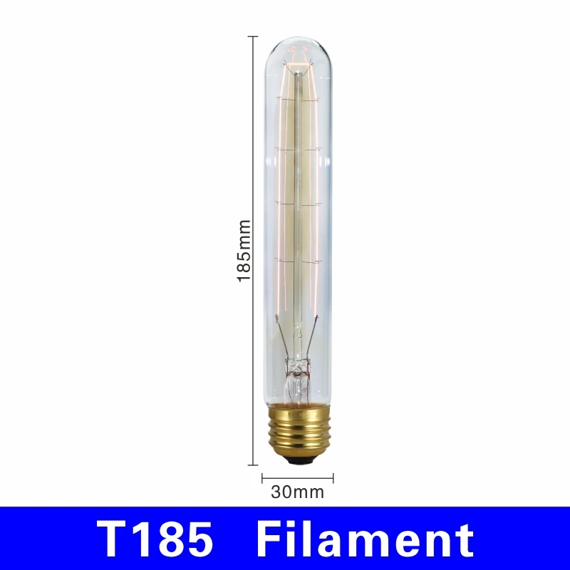T185 filament Электрическая лампочка эдисона светильник лампочка E27 220V 40W подвесной светильник в стиле ретро A19 A60 ST64 T10 T45 T185 G80 G95 нити Винтаж ампулы лампа накаливания со стеклянным колпаком - Цвет: T185 filament