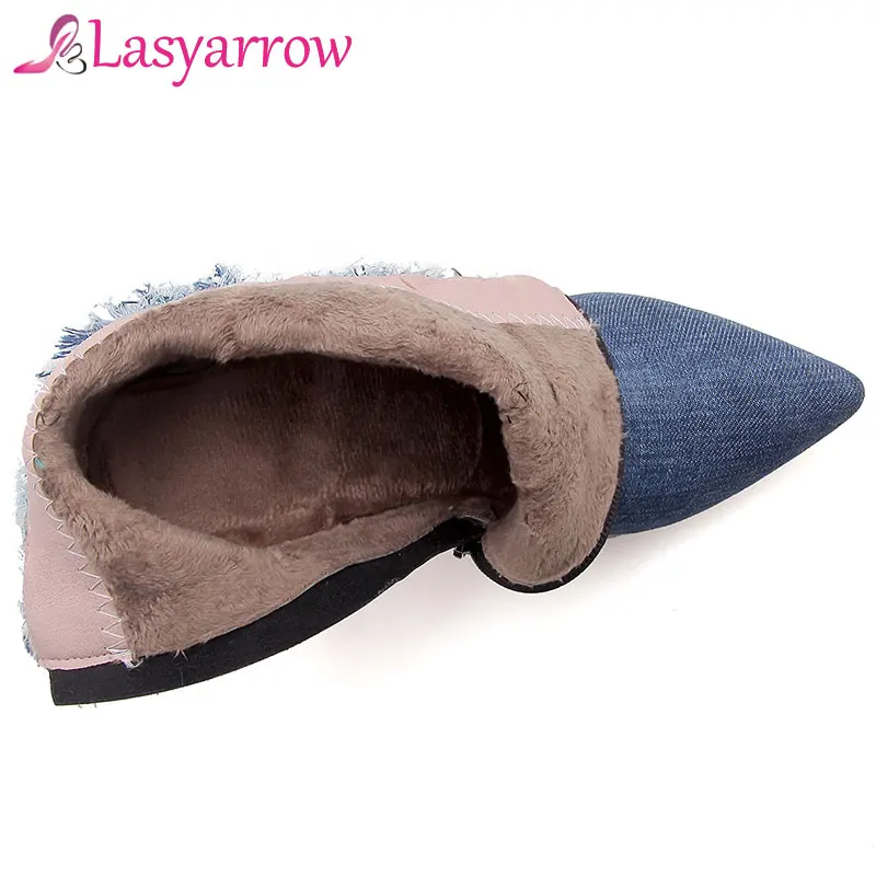 Lasyarrow 2018 Fashion Denim Ankle Boots Blue Lady's Tassel Pointed Toe Stilettos High Heels Autumn Winter Fringe Shoes Women | Обувь