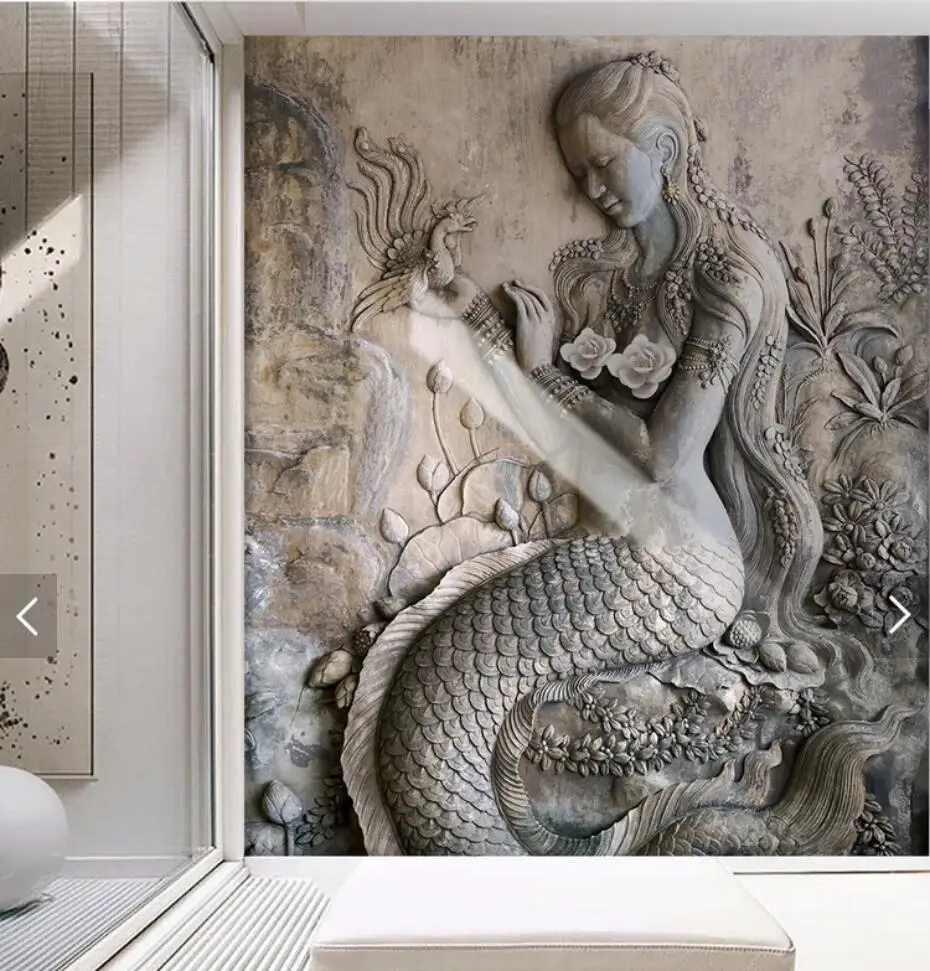 

European 3D Stereo Embossed Mermaid Wallpaper Mural Hallway Entrance Wall Paper Rolls Wall Murals Customize Papel De Parede