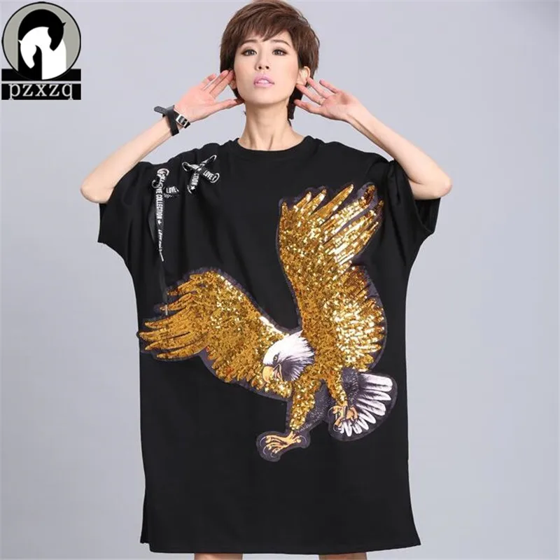 

2018 Brands Gold New Summer T Shirt Dress Women Rock Hip Hop Casual Party Short Sleeve Dresses Eagle Sequin Print Vestidos Dress