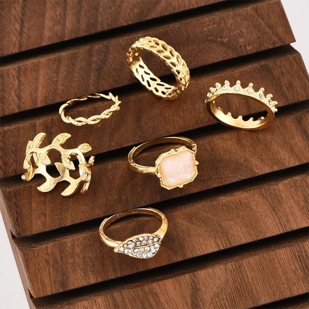 Crystal Leaf White Stone Crown Rope shape Finger Ring For Women New Vintage Gold Knuckle Rings Sets Female Fashion Jewelry | Украшения и