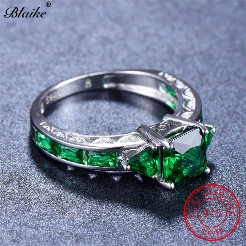 Blaike реальные 925 пробы серебро площади изумруд кольца для Для женщин, хорошее ювелирное изделие, зелёный циркон камень для родившихся в мае кольцо женские свадебные туфли