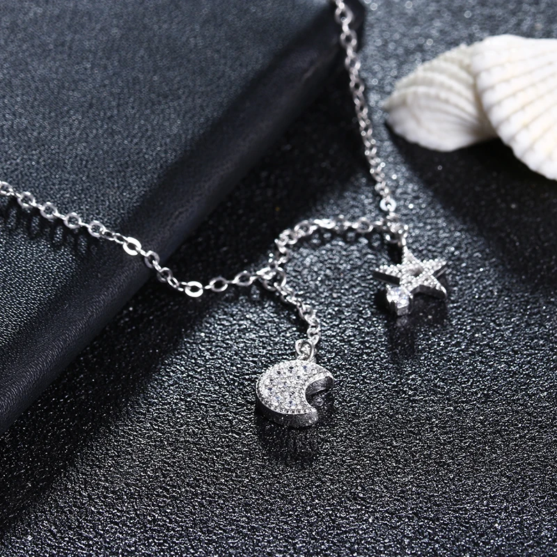 Женский ножной браслет с Луной и звездой из 100% стерлингового серебра 925 пробы