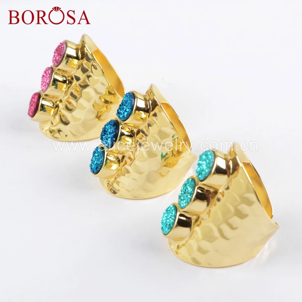 BOROSA 4pcs Round Titanium Dark Rainbow Druzy Band Ring Equality Three Gems Gold-color Rings Gifts ZG0366 | Украшения и