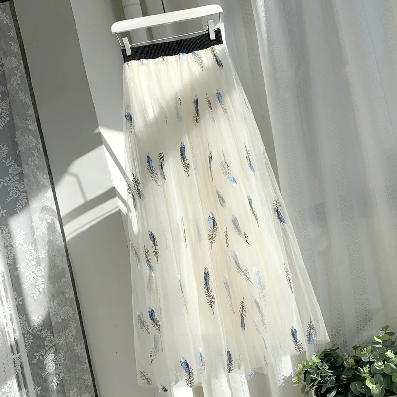 Beige(Feather) Новинка года; модная летняя юбка Феи из сетчатой ткани фатиновая юбка принцессы с вышивкой для женщин; шикарное бальное платье принцессы; длинные юбки-пачки - Цвет: Beige(Feather)