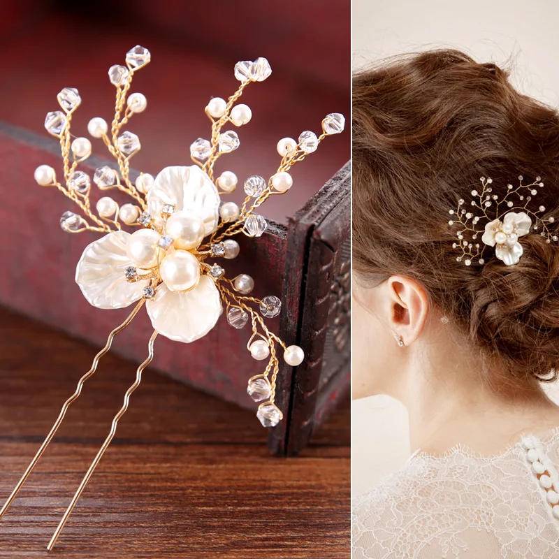 

SLBRIDAL Handmade Crystal Pearls Flower Wedding Hair Pin Hair Sticker Bridal Hair Accessories Headpiece Bridemaids Jewelry Women