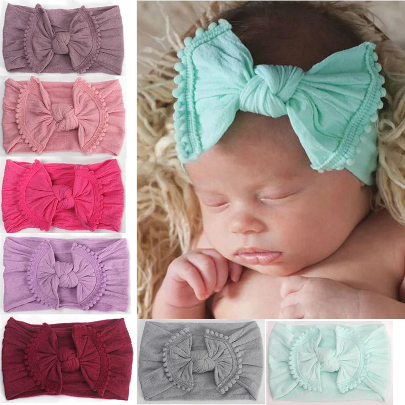 

20 pcs/lot, Pompom Bow Nylon headband, Knot Bow Nylon Head wraps, Girls Hair Accessories