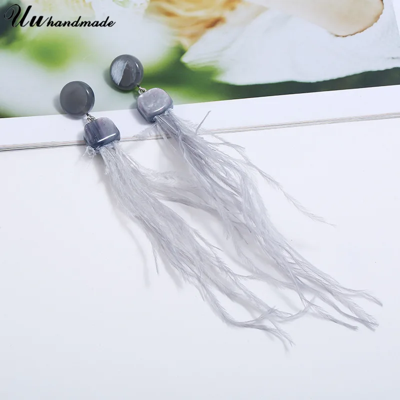 Earring Acrylic long feather tassel earrings for women oorbellen pendientes flecos boucle d'oreille aretes earings jewelry - Окраска металла: gray